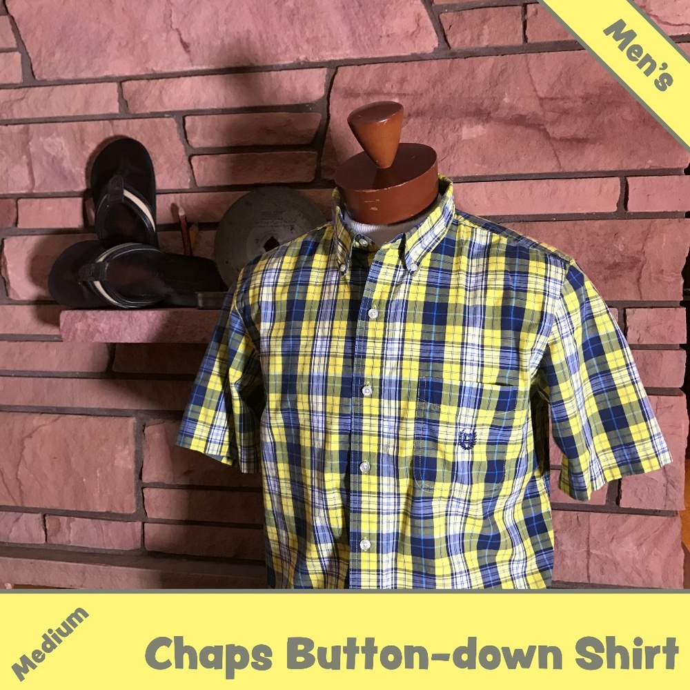 Chaps Button-down Plaid Shirt Mens Yellow Blue Med